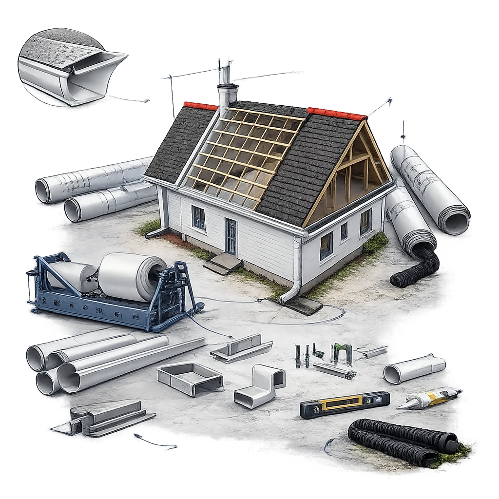 Illustration of a house with gutter, downspout, and roofing materials